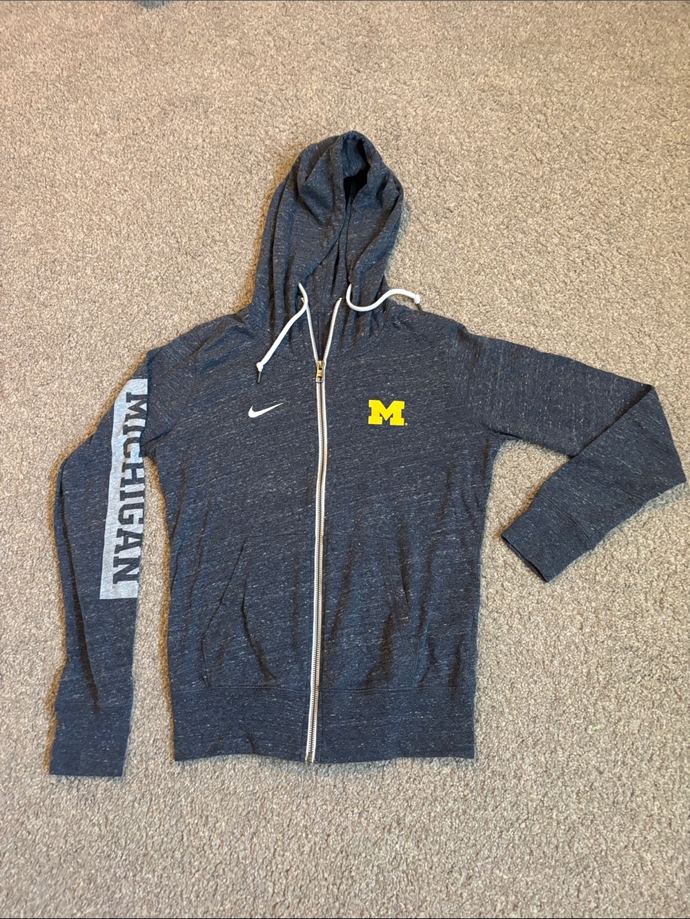Nike women’s Michigan Heathered Charcoal Zip Hoodie w/ White Swoosh size medium